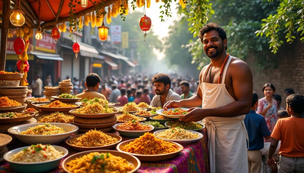 A smiling street vendor behind a spread of Indian dishes